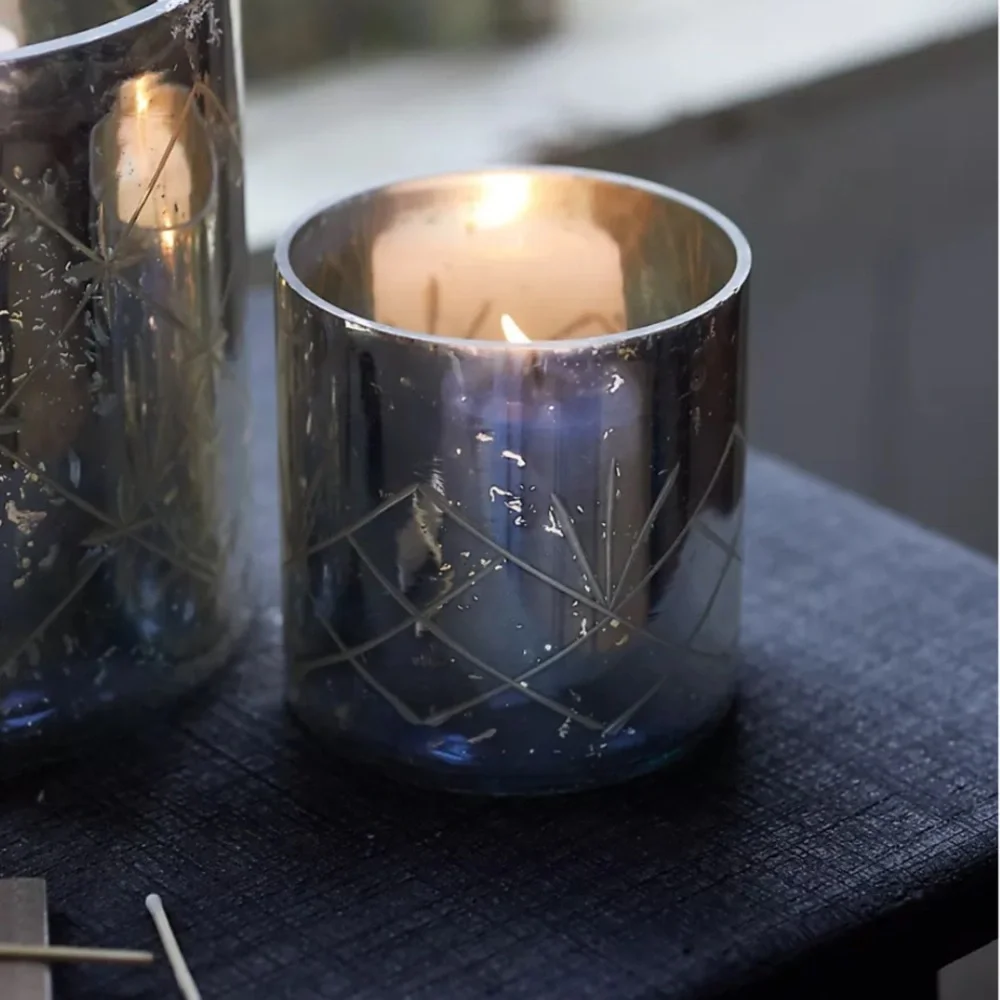 Set Mercury Glass Diamond Etched Set 2 hurricane candle holders